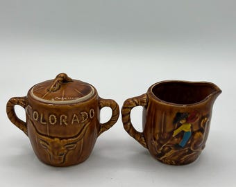 Vintage Souvenier Creamer and Sugar - Jug Style with Colorado Cowboy Motif