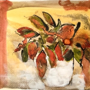 Stella di Natale di Natale. Dipinto in tecnica mista su carta. Inchiostro, acquerello, gesso. Piccola arte murale originale rettangolare. Arte floreale