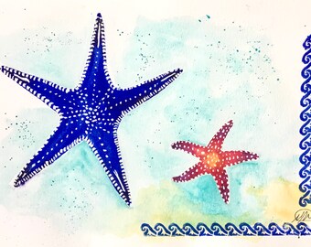 Watercolour painting of starfish. Rectangular wall art. Original painting.