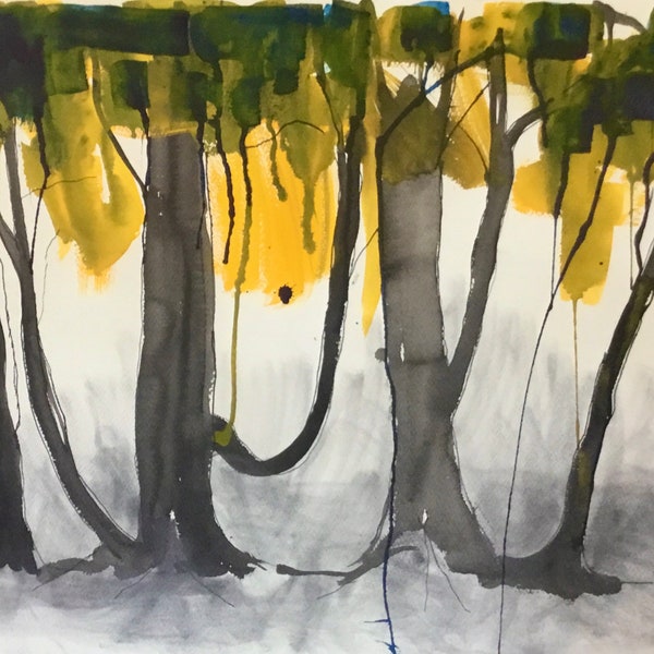 Painting with ink, watercolour and graphite powder on paper. Large rectangular original wall art. Semi abstract landscape. Tree study.