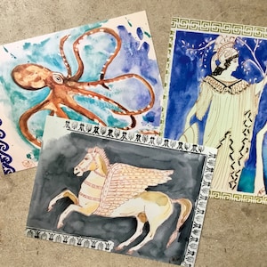 Set di cartoline. Tre cartoline della mitologia greca: Pegaso il cavallo alato, la dea Atena, un polpo.