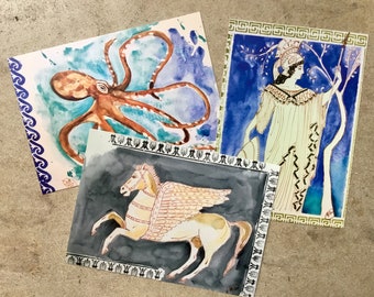 Postcard set. Three Greek Mythology postcards: Pegasus the winged horse, the Goddess Athena, an octopus.