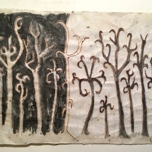 May include: A black and white abstract art print featuring stylized trees with intricate branches. The trees are painted on a textured paper background.