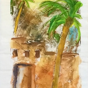 Monotipo con acquerello su carta di riso. Piccola opera d'arte originale rettangolare. Palme e casa in un paesaggio marocchino. 80 euro per entrambi