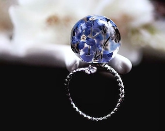 Forget Me Not Sphere Ring, Blue Flower Botanical Resin Ring, Plants Forget-me-not,  Terrarium Jewelry, Real Flowers Jewelry Gift for Her