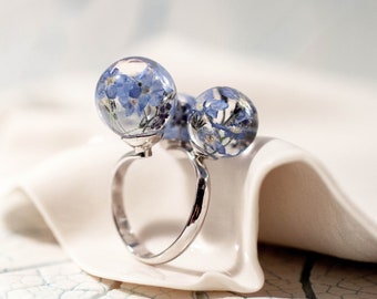 Forget Me Not Three ball ring, Nature Jewelry, Blue Flower Jewelry, Plants Forget-me-not, Botanical Ring, Real Flowers Jewelry, Gift for Her