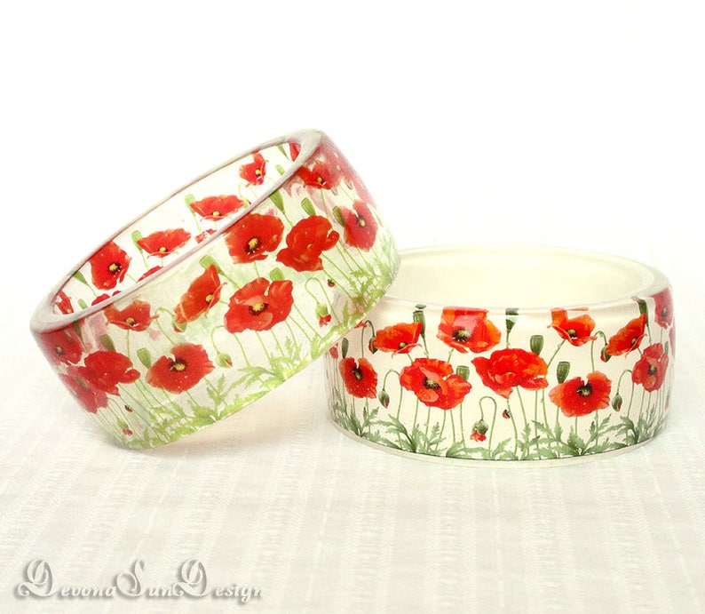 Bangle Bracelet Red Poppies Resin Jewelry With Flowers Bangle Etsy