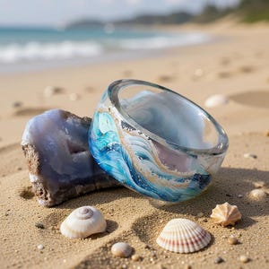 Puede incluir: Una pulsera de cristal transparente con un diseño de olas en tonos azules, blancos y dorados descansa sobre una playa de arena junto a una roca azul grisácea y conchas marinas. La joya con temática oceánica es un accesorio único.