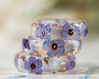 Förgätmigej-inte-resinring, natursmycken, blåblomsmycken, växter förgätmigej-inte, botanisk ring, smycken med riktiga blommor, ringpresent till henne