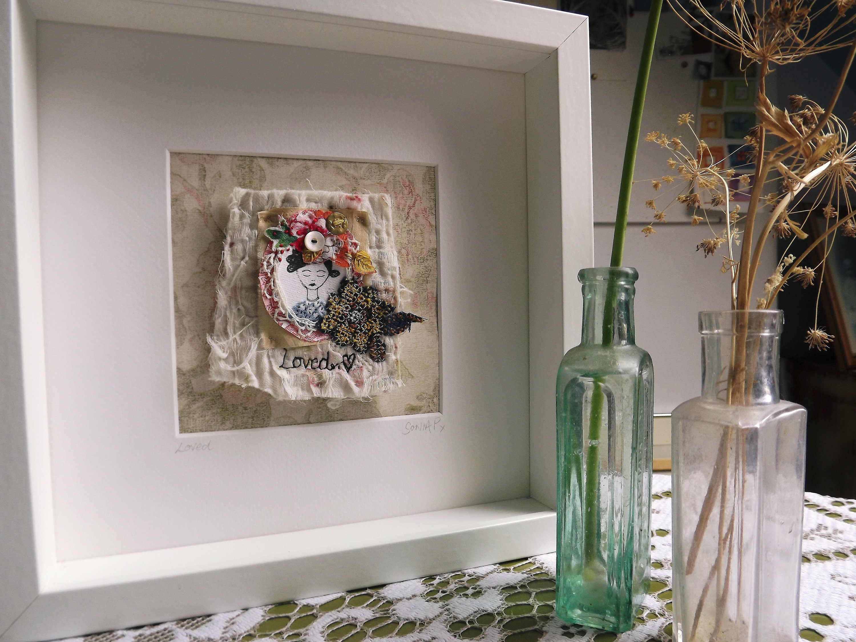 Framed Textile Art Vintage Girl Etsy