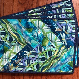 Quilted Patchwork Placemats — Set of Four (4) — Blues, Greens, and a Hint of Gold Bling
