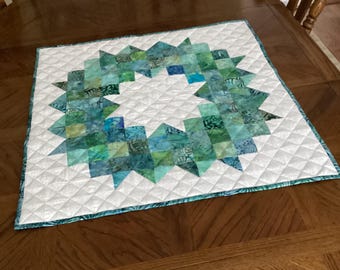 Quilted Batik Patchwork Table Runner/Center Piece — Teal, Blues, and Green Color Palette