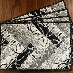 Quilted Placemats — Black, Gray, and White — Set of Four (4)