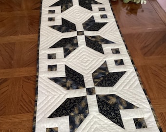 Nordic Star Table Runner — Black with Dark Blue and Gold Accents