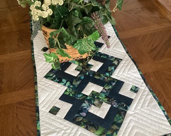 Quilted Patchwork Table Runner — Blues and Greens — Interlocking Squares