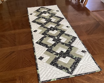 Quilted Patchwork Table Runner — Soft Green and Black Color Palette