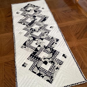 Quilted Patchwork Table Runner — Dark Blue and White Color Palette