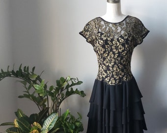 Vintage Black and Gold Lace and Chiffon Ruffle Bottom Dress| 1980s Late Edition Party Dress