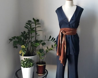 Vintage 1970s Navy and White Pinstripe Vest and Pant Suit| Handmade Pant Suit| 2-piece Polyester Suit