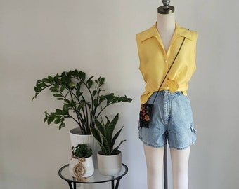 Vintage 1990s Silk Robbie Bee Button Down Top | Yellow Sleevless Top| 100% Silk Blouse