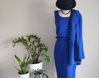 Vintage St. John 3 Piece Skirt Suit, Electric Blue Suit, Sweater Set, Size S/M
