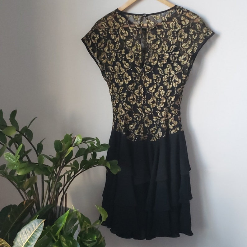 Vintage Black and Gold Lace and Chiffon Ruffle Bottom Dress 1980s Late Edition Party Dress image 8