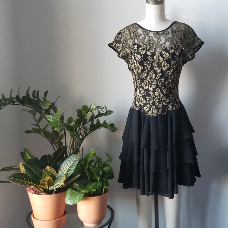 Vintage Black and Gold Lace and Chiffon Ruffle Bottom Dress 1980s Late Edition Party Dress image 1