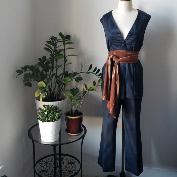 Vintage 1970s Navy and White Pinstripe Vest and Pa