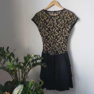Vintage Black and Gold Lace and Chiffon Ruffle Bottom Dress 1980s Late Edition Party Dress image 5