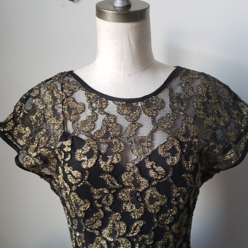 Vintage Black and Gold Lace and Chiffon Ruffle Bottom Dress 1980s Late Edition Party Dress image 3