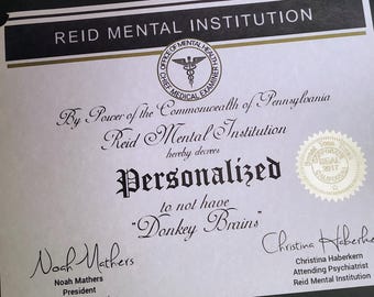 Personalized Donkey Brain Certificate (to not have)