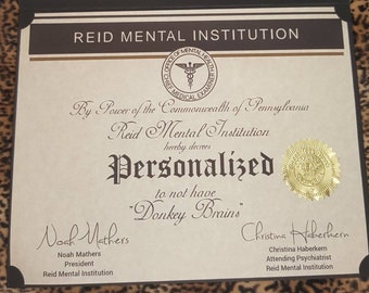 Personalized Donkey Brain Certificate