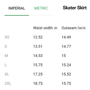 May include: Skater skirt size chart with measurements in inches for waist width and outseam. Sizes include XS, S, M, L, XL, and 2XL.