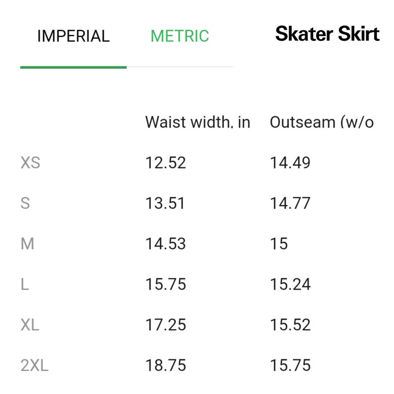 May include: Skater skirt size chart with measurements in inches for waist width and outseam. Sizes include XS, S, M, L, XL, and 2XL.