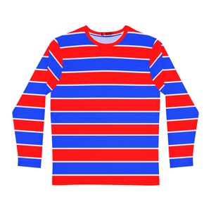 May include: A long-sleeved shirt with red and blue horizontal stripes.