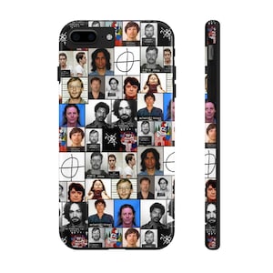 May include: A black and white phone case featuring a collage of mugshots of people. The case has a white background with black outlines around each mugshot. The mugshots are arranged in a grid pattern. The case has a black border around the edges.
