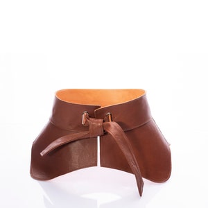 Brown Tan leather corset belt, Wide waist belt,  Leather bow peplum obi  belt, Plus size belt