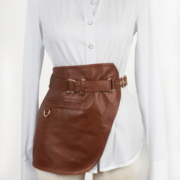 Elegant leather belt with side peplum. Women's waist belt. Harness belt.