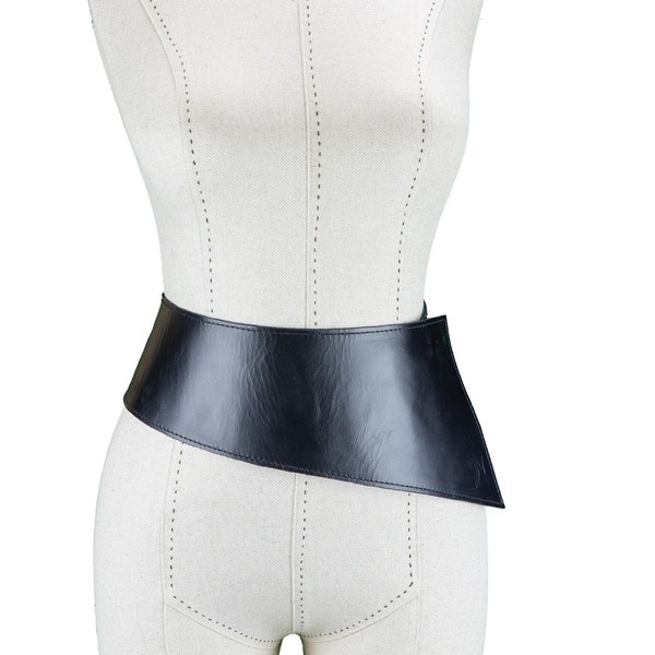 Asymmetrical wide leather waist belt. Women's wide waist leather corset belt