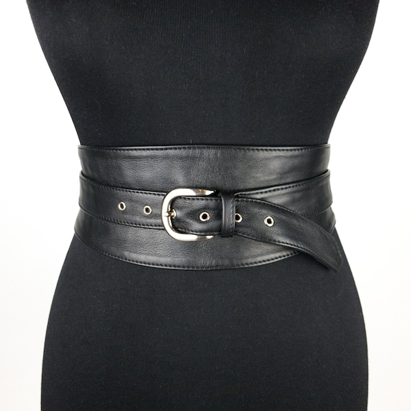 Black  leather obi buckle belt, Reversible Wrap Belt, Waist Harness Belt, Waist Shaper Belt.