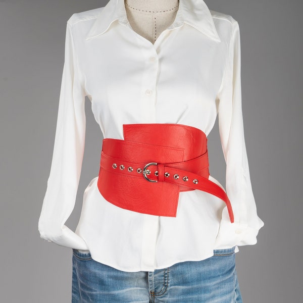 Leather obi silver buckle belt, Wide asymmetrical leather belt, Waist wide wrap belt, Leather corset belt, Plus size