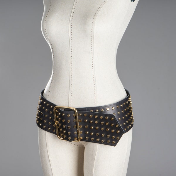 Hip wide 4.5" (11 cm) leather belt. Metallic studded leather belt. Plus size belt.