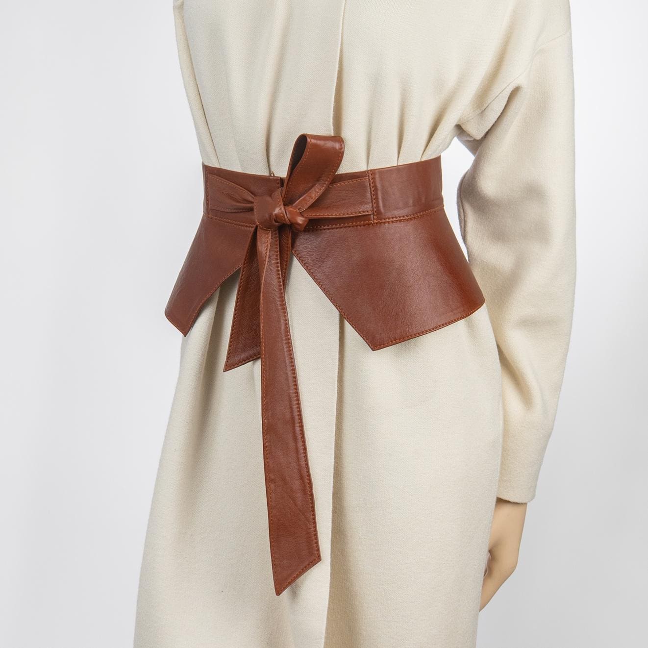 Wide Leather Obi Belt With Bow Tie Closure for Dress or Coat  display picture 2