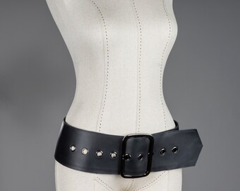Wide Leather Hip Belt: Large Buckle, Low Slung Design
