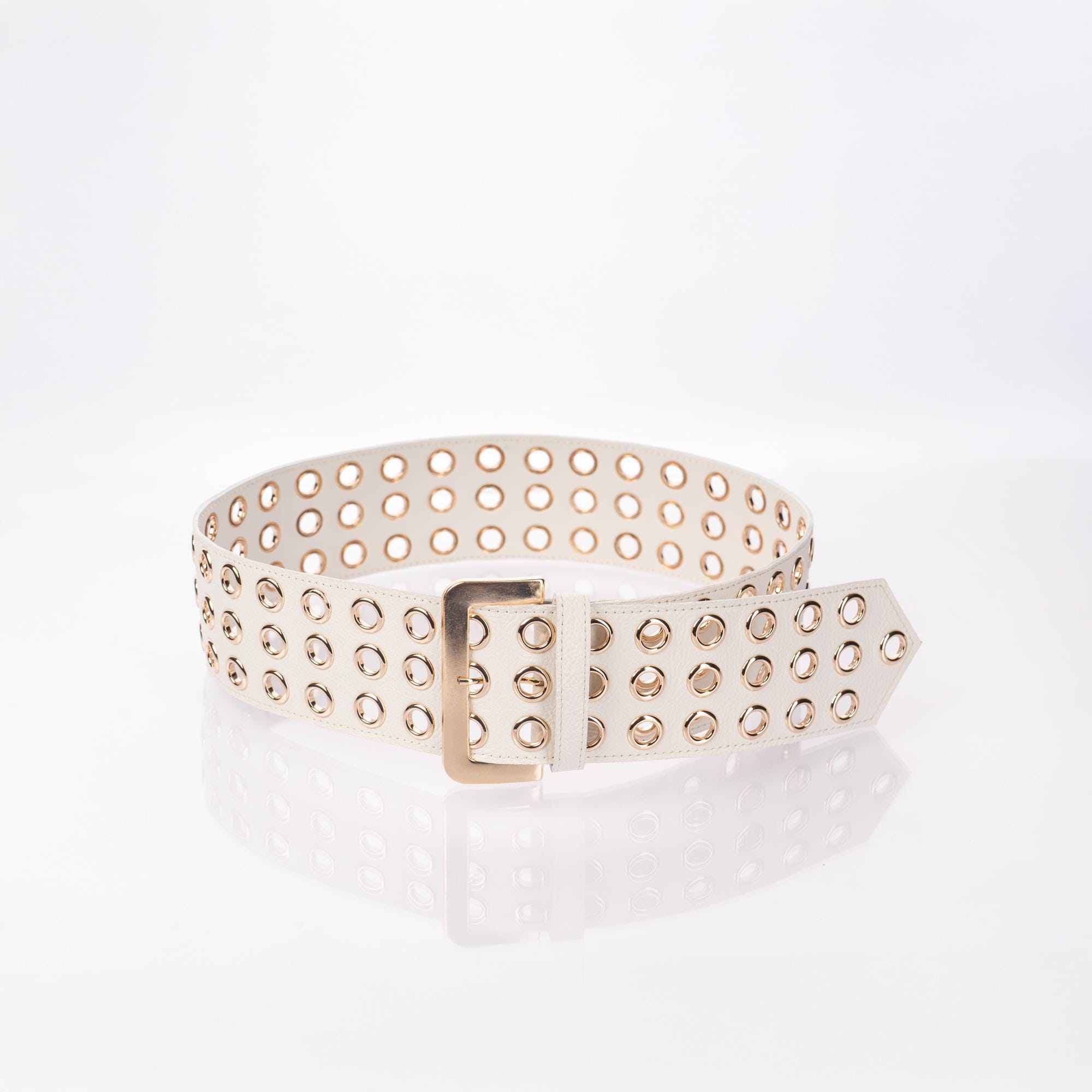 Wide White Leather Eyelet Belt: Gold Buckle Waist Belt - XS  display picture 1