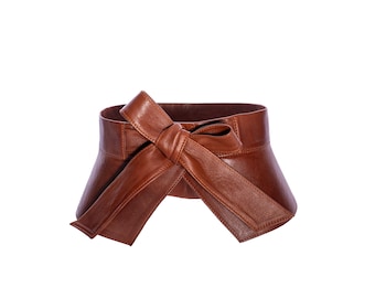Wide leather obi belt with bow tie closure for dress or coat