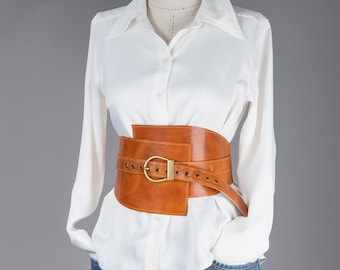 Asymmetrical Leather Corset Belt: Cinching Belt with Brass Buckle - XS - 3X