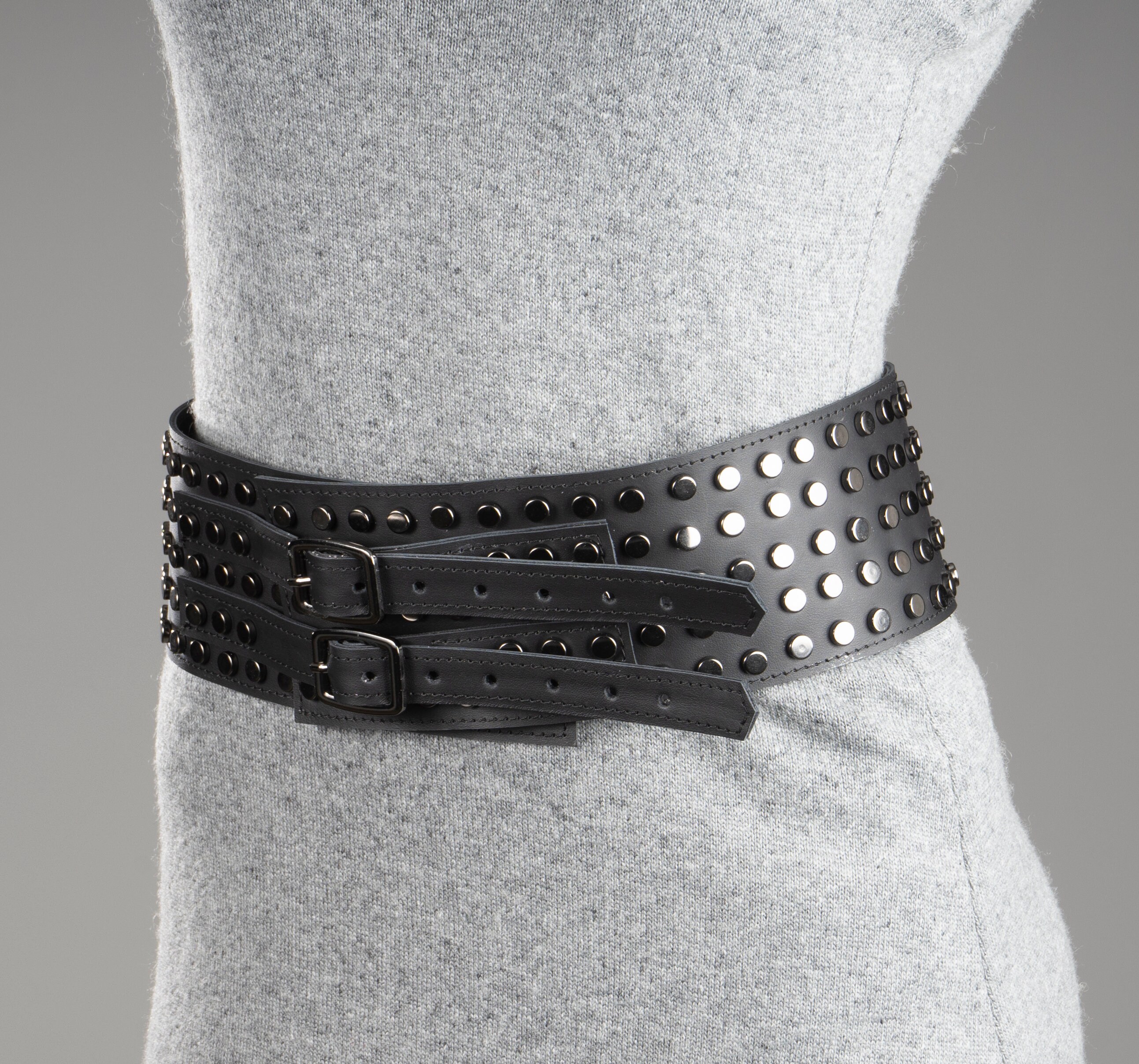 【2plan】bohemian studded long leather belt 2-row Spike Studded Belt. - Etsy