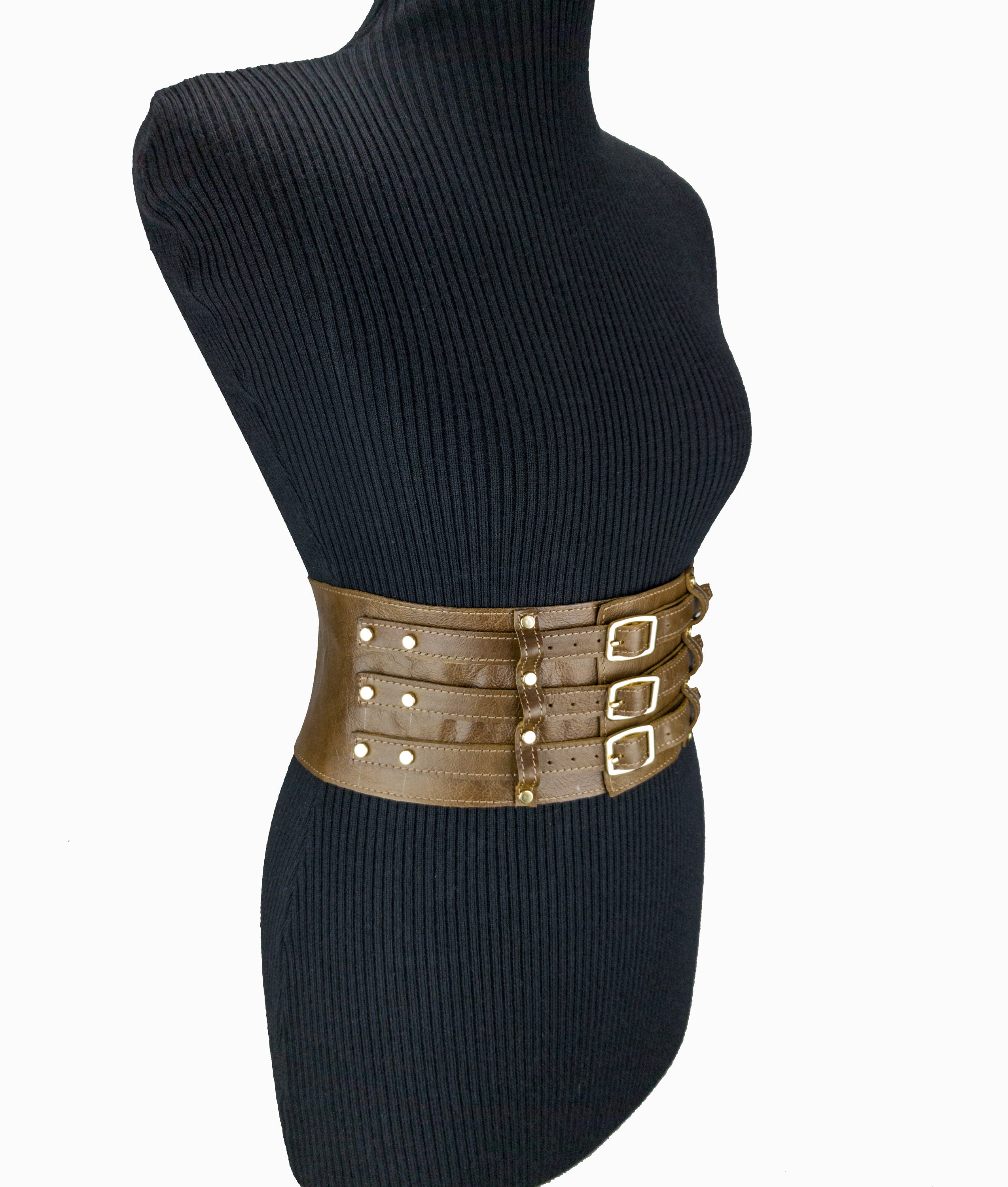 Wide Waist Leather Corset Belt With Three Buckles Wide Adjustable