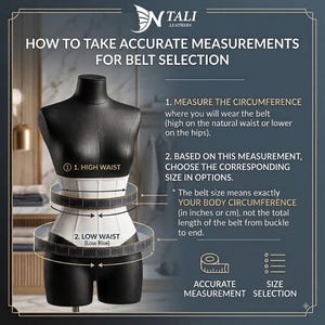 May include: A black mannequin torso wearing a white corset, with text instructions for belt measurement. The graphic explains measuring body circumference at the high waist or low waist, noting that belt size equals body circumference in inches.